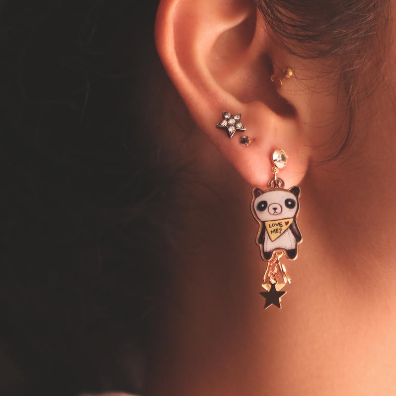 Panda and Stars Mismatched Dangle Earrings SideView