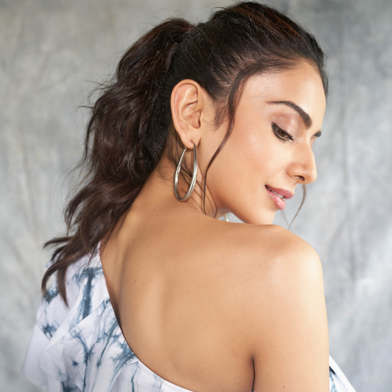 Rakul Preet in Hoop Love Silver Earrings