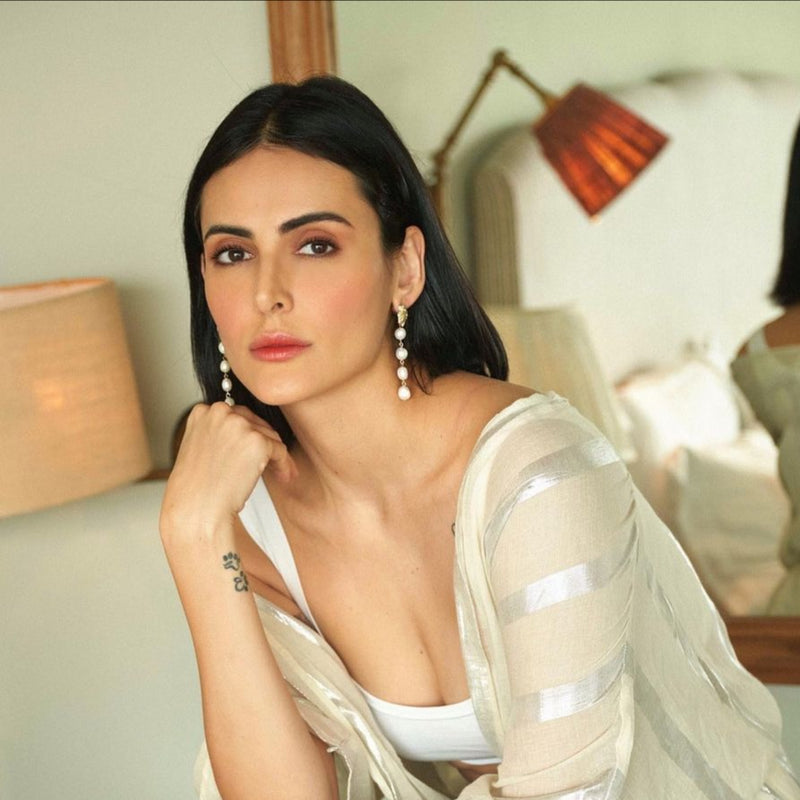 Mandana Karimi in Pearl Cascade Dangler Earrings