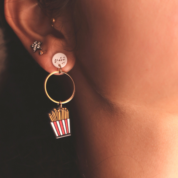 Mismatch Earrings featuring fries & pretty polka bow