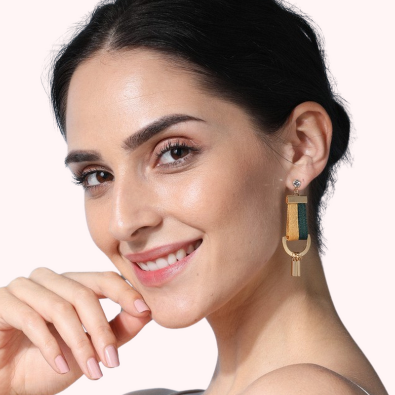 Green & Mustard Fabric Dangler Earrings | Model Look