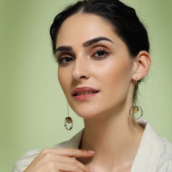 Golden & Silver Circles Dangler Earrings by Fashka | front look