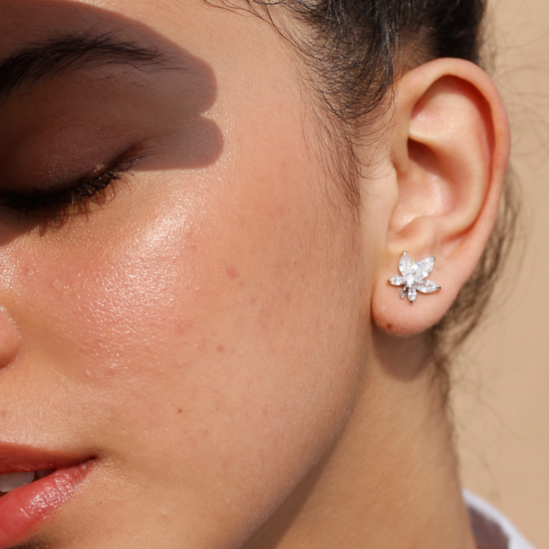 Ethereal Flower Stud Earrings by FASHKA, model side pose