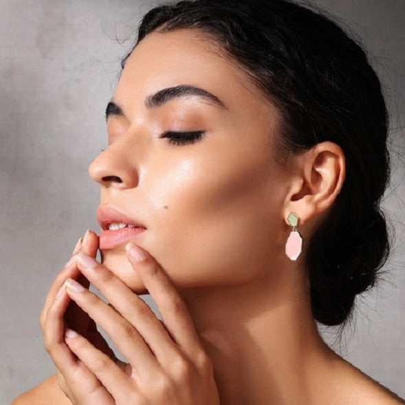 Pink & Green Classy Earrings by FASHKA, side-vew on a model.