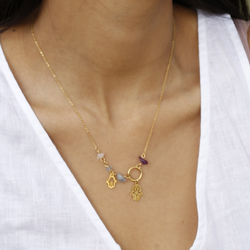 Hamsa Amulet Necklace by FASHKA, model pose close up..