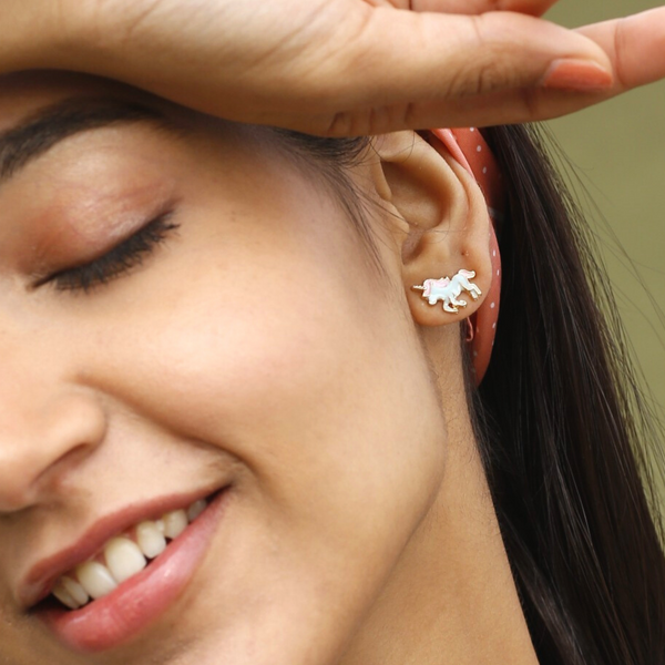 Unicorn Love Mismatched Stud Earrings by FASHKA - Model Pic